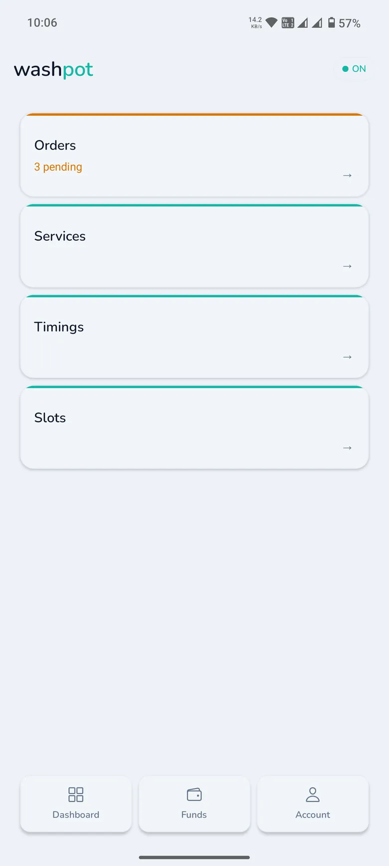 WashPot provider dashboard showing orders, services, timings, and slots